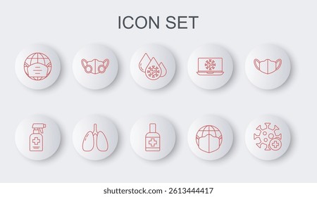 Set line Positive virus, Liquid antibacterial soap, Blood test and, Earth with medical mask, Medical protective, Lungs and  icon. Vector