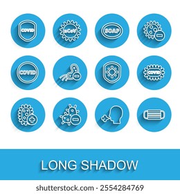 Set line Positive virus, Negative, Shield protecting from, Man coughing, Medical protective mask, Corona covid-19 and  icon. Vector