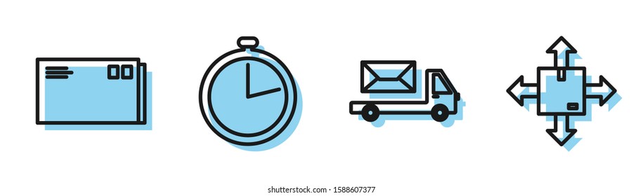 Set line Post truck , Envelope , Stopwatch  and Cardboard box with traffic symbol icon. Vector