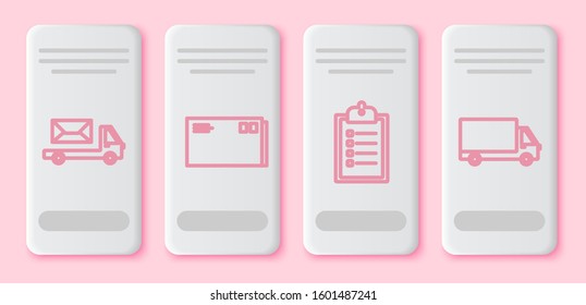 Set line Post truck , Envelope , Verification of delivery list clipboard  and Delivery cargo truck vehicle . White rectangle button. Vector