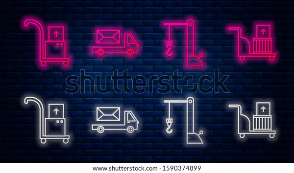 Set line Post truck , Harbor port crane, Hand\
truck and boxes  and Electric hand truck and boxes . Glowing neon\
icon on brick wall. Vector
