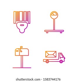 Set line Post truck , Open mail box , Scanner scanning bar code  and Scale . Gradient color icons. Vector