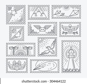 Set of line postage stamps. Isolated monochromatic collection, easy to change color. Empty contour postal decorations for letters and designs.  