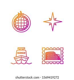 Set line Postal stamp and Coliseum, Ship, Globe with flying plane and Wind rose. Gradient color icons. Vector
