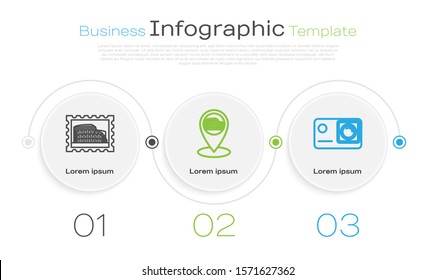 Set line Postal stamp and Coliseum, Map pointer with Coliseum in Rome, Italy and Action extreme camera. Business infographic template. Vector