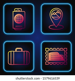 Set line Postal stamp and Coliseum, Suitcase for travel, Passport with ticket and Map pointer with mountain. Gradient color icons. Vector