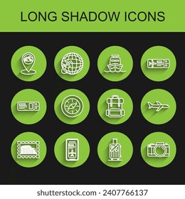 Set line Postal stamp and Coliseum, Map pointer Egypt pyramids, Suitcase for travel stickers, Photo camera, Compass, Plane and Hiking backpack icon. Vector