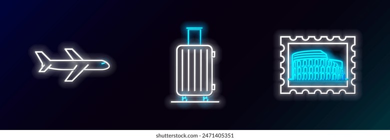 Set line Postal stamp and Coliseum, Plane and Suitcase for travel icon. Glowing neon. Vector