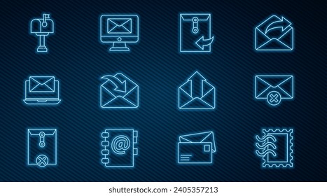 Fijar marca postal de línea, Borrar sobre, Sobre, Portátil con, Correo, Correo saliente y Monitor e icono. Vector