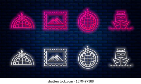 Set line Postal stamp and Egypt pyramids, Globe with flying plane, Globe with flying plane and Ship. Glowing neon icon on brick wall. Vector
