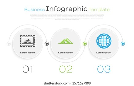 Set line Postal stamp and Egypt pyramids, Egypt pyramids and Earth globe. Business infographic template. Vector
