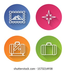Set line Postal stamp and Egypt pyramids, Wind rose, Suitcase for travel and stickers and Suitcase for travel. Color circle button. Vector