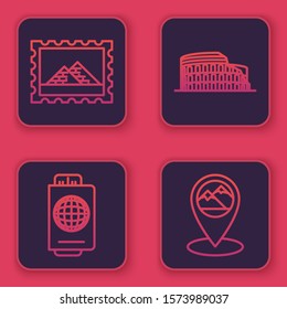 Set line Postal stamp and Egypt pyramids, Passport with ticket, Coliseum in Rome, Italy and Map pointer with mountain. Blue square button. Vector