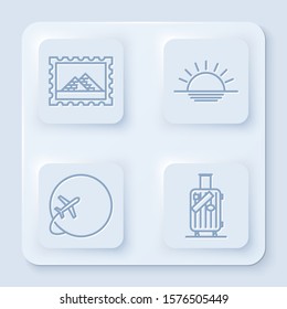 Set line Postal stamp and Egypt pyramids, Sunset, Globe with flying plane and Suitcase for travel and stickers. White square button. Vector