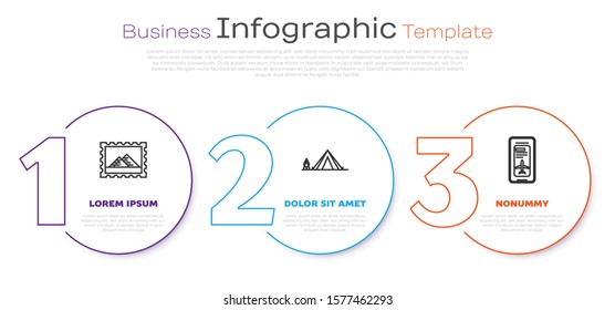 Set Line Postal Stamp And Egypt Pyramids, Tourist Tent With Wood Fire And Smartphone With Electronic Boarding Pass Airline Ticket. Business Infographic Template. Vector