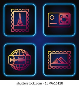 Set line Postal stamp and Egypt pyramids, Airline ticket, Postal stamp and Eiffel tower and Action extreme camera. Gradient color icons. Vector