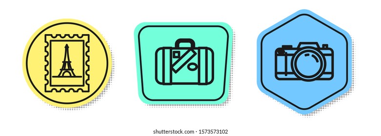 Set line Postal stamp and Eiffel tower, Suitcase for travel and stickers and Photo camera. Colored shapes. Vector