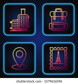 Set line Postal stamp and Eiffel tower, Map pin, Suitcase for travel and Hiking backpack. Gradient color icons. Vector
