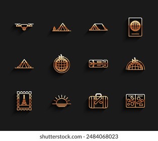 Set line Postal stamp and Eiffel tower, Sunset, Drone flying with action video camera, Suitcase for travel stickers, Passport pages visa stamps, Globe plane,  and Airline ticket icon. Vector