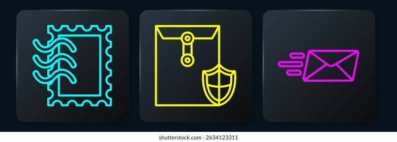 Set line Sello postal, sobre Express y sobre con escudo. Botón cuadrado negro. Vector
