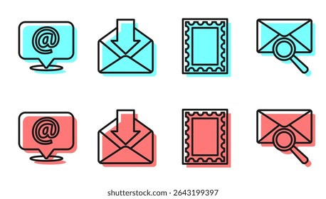 Set line Postal stamp, Mail and e-mail on speech bubble, Envelope and Envelope with magnifying glass icon. Vector