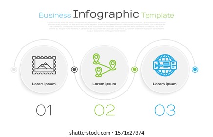 Set line Postal stamp and Mountains, Route location and Airline ticket. Business infographic template. Vector