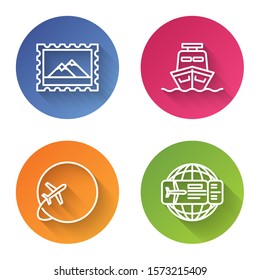 Set line Postal stamp and Mountains, Ship, Globe with flying plane and Airline ticket. Color circle button. Vector