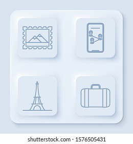 Set line Postal stamp and Mountains, Infographic of city map navigation, Eiffel tower and Suitcase for travel. White square button. Vector