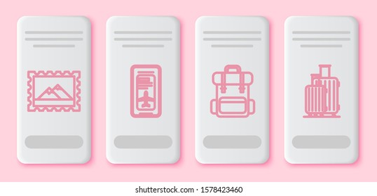 Set line Postal stamp and Mountains, Smartphone with electronic boarding pass airline ticket, Hiking backpack and Suitcase for travel. White rectangle button. Vector