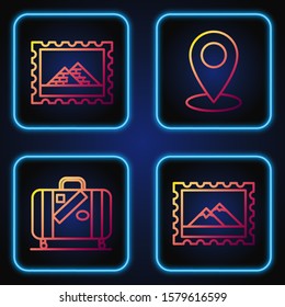 Set line Postal stamp and Mountains, Suitcase for travel and stickers, Postal stamp and Egypt pyramids and Map pin. Gradient color icons. Vector