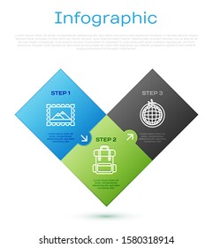 Set line Postal stamp and Mountains, Globe with flying plane, Hiking backpack and Suitcase for travel. Business infographic template. Vector