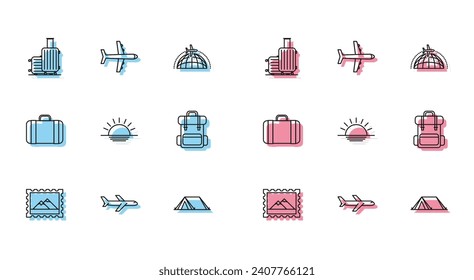 Fijar la línea Sello postal y Montañas, Avión, Maleta para viajes, Tienda de Turismo, Atardecer, Mochila de Senderismo e ícono. Vector