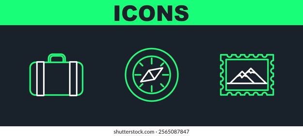 Set line Postal stamp and Mountains, Suitcase for travel and Compass icon. Vector