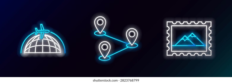 Set line Postal stamp and Mountains, Globe with flying plane and Route location icon. Glowing neon. Vector