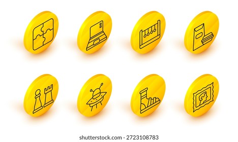 Sello postal, zapatillas con calcetines, nave espacial voladora OVNI, ajedrez, hamburguesa, péndulo, computadora portátil y pieza de icono de rompecabezas. Vector