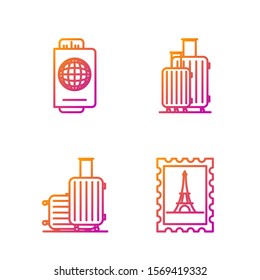 Set line Postal stamp and tower, Suitcase for travel, Passport with ticket and Suitcase for travel. Gradient color icons. Vector
