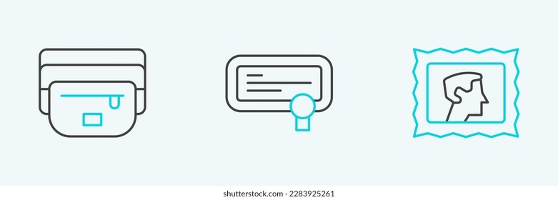Set line Postal stamp, Waist bag of banana and Certificate template icon. Vector