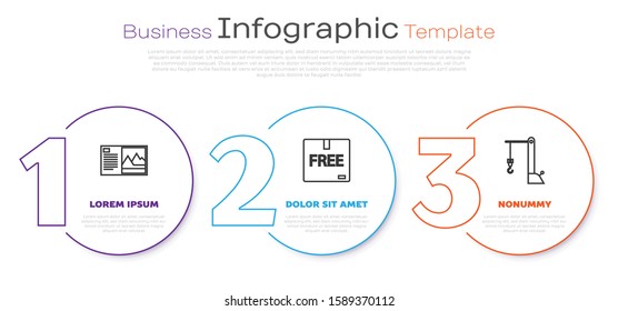 Set line Postcard , Cardboard box with free symbol  and Harbor port crane. Business infographic template. Vector