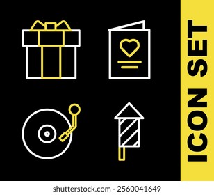 Set line Postcard with heart, Firework rocket, Vinyl player disk and Gift box icon. Vector