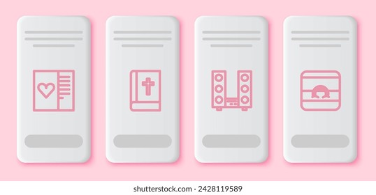 Set line Postcard with heart, Holy bible book, Home stereo two speakers and Wedding rings. White rectangle button. Vector