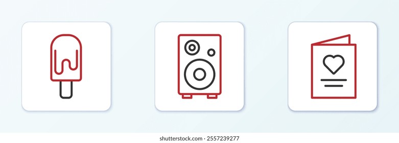 Set line Postcard with heart, Ice cream and Stereo speaker icon. Vector