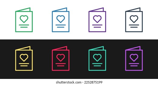 Establece la línea Postcard con icono cardíaco aislado en fondo blanco y negro. Mensaje amor. Carta de amor y romance.  Vector