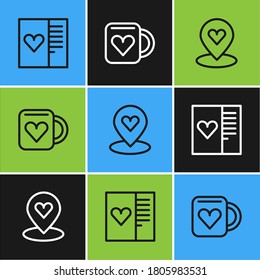 Set line Postcard with heart, Location and Coffee cup and icon. Vector