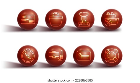 Línea de viajes con tarjeta postal, brújula, crucero, Sombrilla y paraguas, Snorkel con máscara de buceo, bolsa de playa, Lifebuoy e ícono de Cocina. Vector