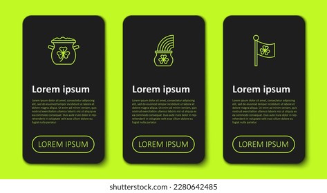 Set line Pot of gold coins, with rainbow and Ireland flag clover. Business infographic template. Vector