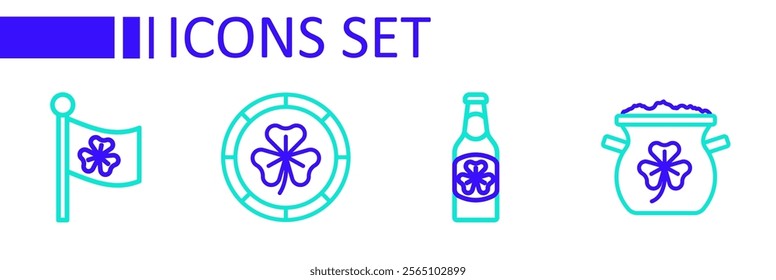 Set line Pot of gold coins, Beer bottle with clover, Golden leprechaun and Ireland flag icon. Vector