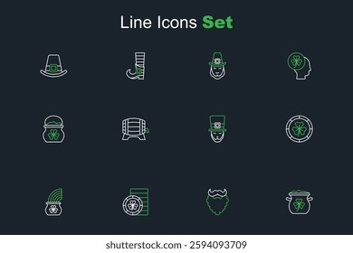 Set line Pot of gold coins, Mustache and beard, Golden leprechaun, with rainbow, Leprechaun, Wooden barrel on rack and  icon. Vector