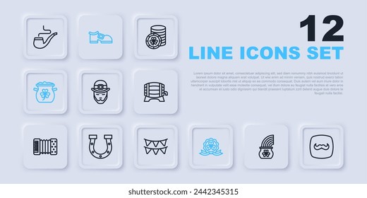 Set line Pot of gold with rainbow, Mustache, Leprechaun, Medal clover, coins, Horseshoe, boot and Carnival garland flags icon. Vector
