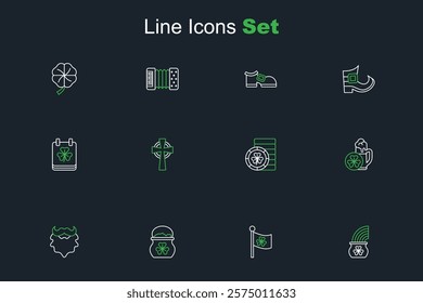 Set line Pot of gold with rainbow, Ireland flag clover, coins, Mustache beard, Glass beer, Golden leprechaun, Celtic cross and Saint Patricks day calendar icon. Vector