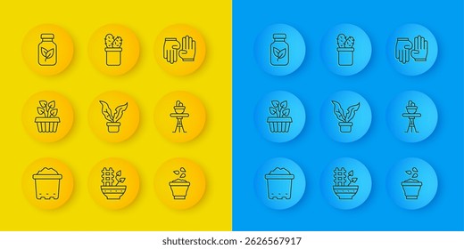 Set line Pot with soil, Indoor plant ivy in a pot, Plant, Seeds bowl, on table, Fertilizer bottle, Rubber gloves and Cactus peyote icon. Vector
